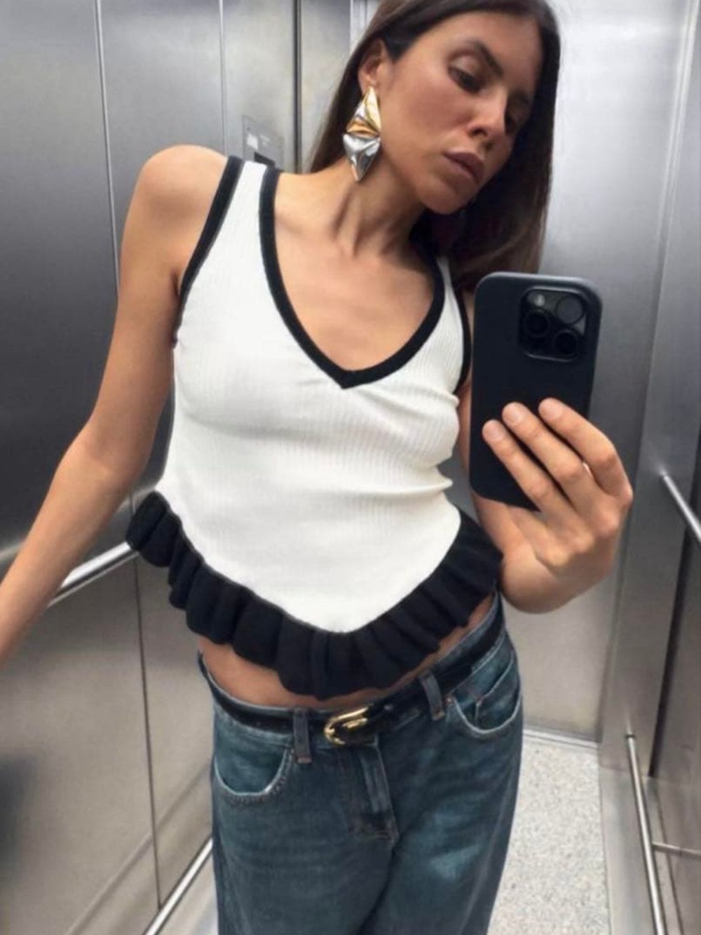 Zara White & Black V-Neck Ruffle Hem Tank Top